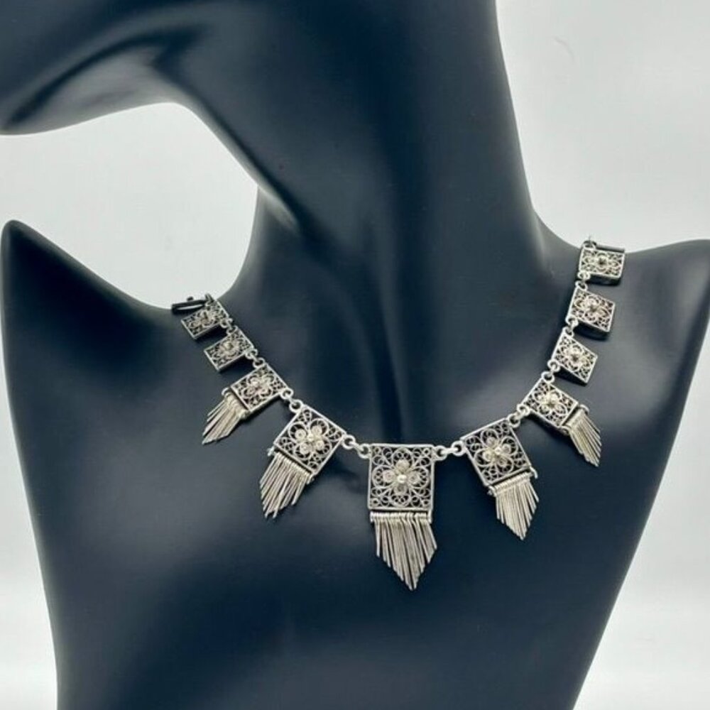 Vintage European Silver Delicate Filigree Squares Components With Dangles Collar - Picture 2 of 13